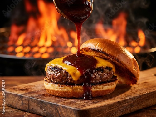 Juicy cheeseburger with sauce pouring over meat on a wooden board with fire in the background. blazing BBQ drizzle