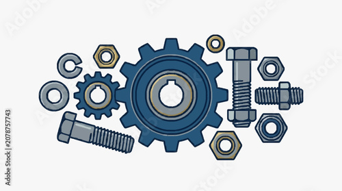 Foto Collection of Mechanical Engineering Components and Fasteners.