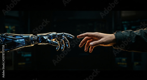 Robot and human hand touching artificial intelligence concept
