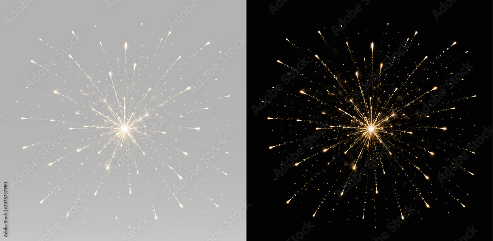Fototapeta premium Golden fireworks explosion with sparkling pyrotechnic burst glowing celebration festival holiday party light effect