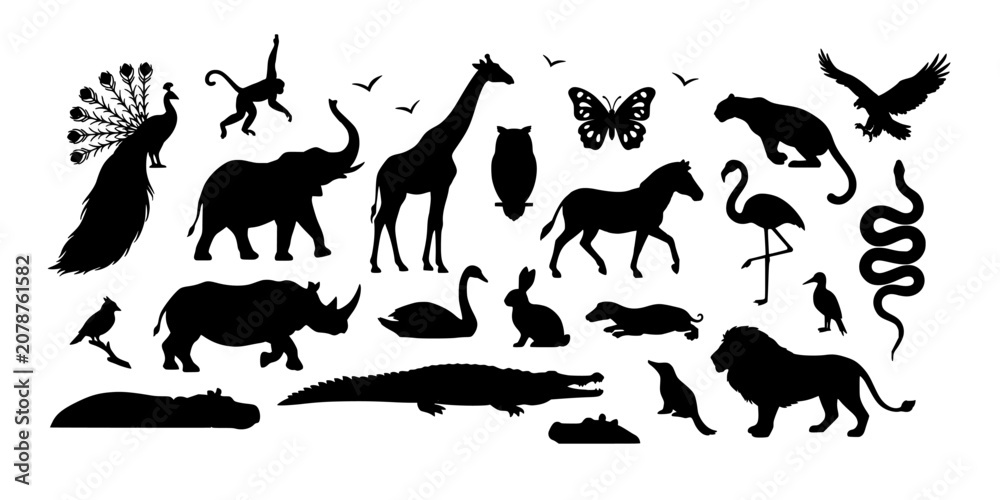 Fototapeta premium Silhouettes of Animals and Birds in Dense Intricate Vector Illustration Set on White Background Featuring Silhouette, Animal