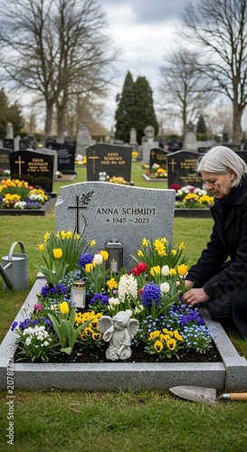 Woman placing flowers at a cemetery grave.