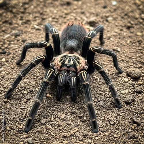Close-Up of Large Black Tarantula Spider on Soil Surface.