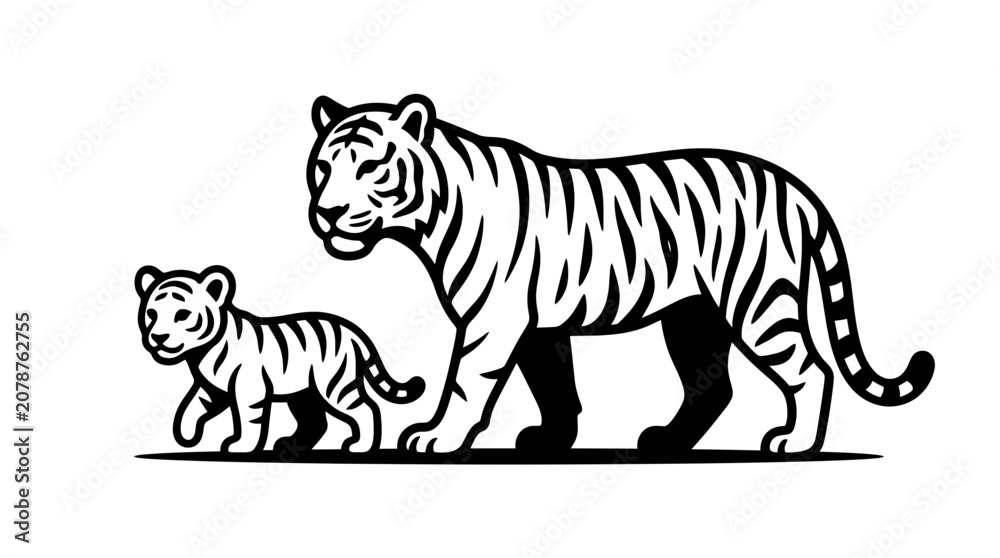 Fototapeta premium Tiger Mother and Cub Walking Together