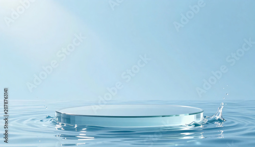 3D round glass podium in crystal clear blue water with big splash, minimalist product display mockup background
