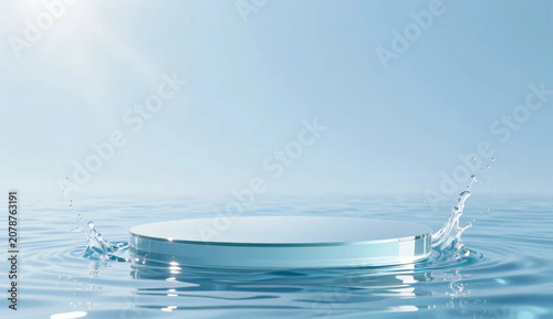 3D round glass podium in crystal clear blue water with big splash, minimalist product display mockup background