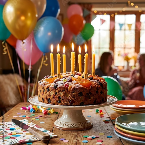 Colorful birthday cake with lit candles on table.