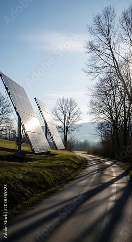 Serene Landscape with Modern Solar Panels and Tree Shadows.