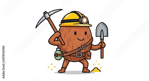 Cartoon miner with pickaxe and lantern helmet.