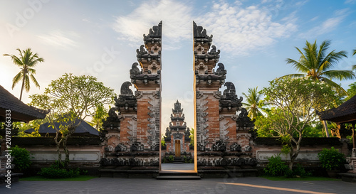 Grand Balinese Temple Gate, a Serene Entrance to Spiritual Sites, Showcasing Intricate Traditional Architecture and Rich Cultural Heritage Under a Vibrant Sky