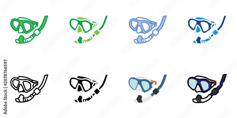 Fototapeta premium Snorkeling Gear Icon Set - Diving Mask and Snorkel Equipment for Underwater Adventure and Marine Tourism Vector Collection