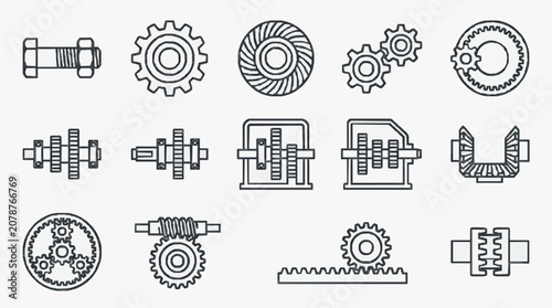 Foto Collection of mechanical engineering gears and components icons.