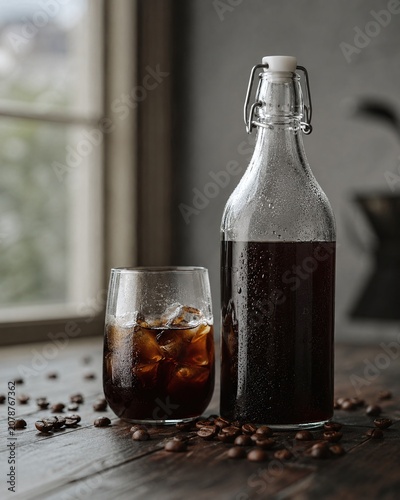 Vertical Cold Brew Coffee in Swing Top Bottle and Glass with Ice on Dark Wooden Table by Window, Natural Daylight Beverage Photography for Branding and Refreshment Promotion, Still Life.