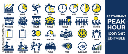 Cuadro en lienzo Restaurant peak hour and hospitality management icon set