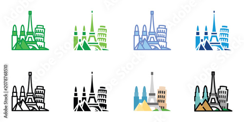 Schilderij op canvas World Landmarks Travel Icon – International Tourism Destinations Vector Symbol F