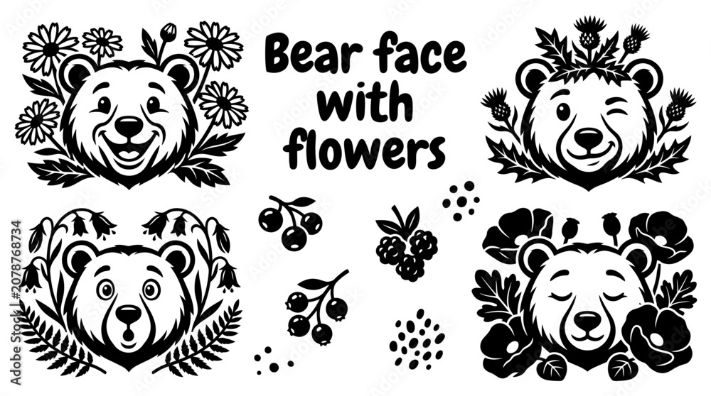 Obraz premium Bear face combined with forest flowers vector collection isolated for wildlife artwork, woodland themes, and nature inspired illustration designs. Black and white sketch style featuring