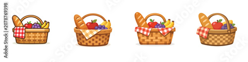 Vector icon of a picnic basket containing bread and fruit. Vector, illustration, minimalist, flat, icon, icon set
