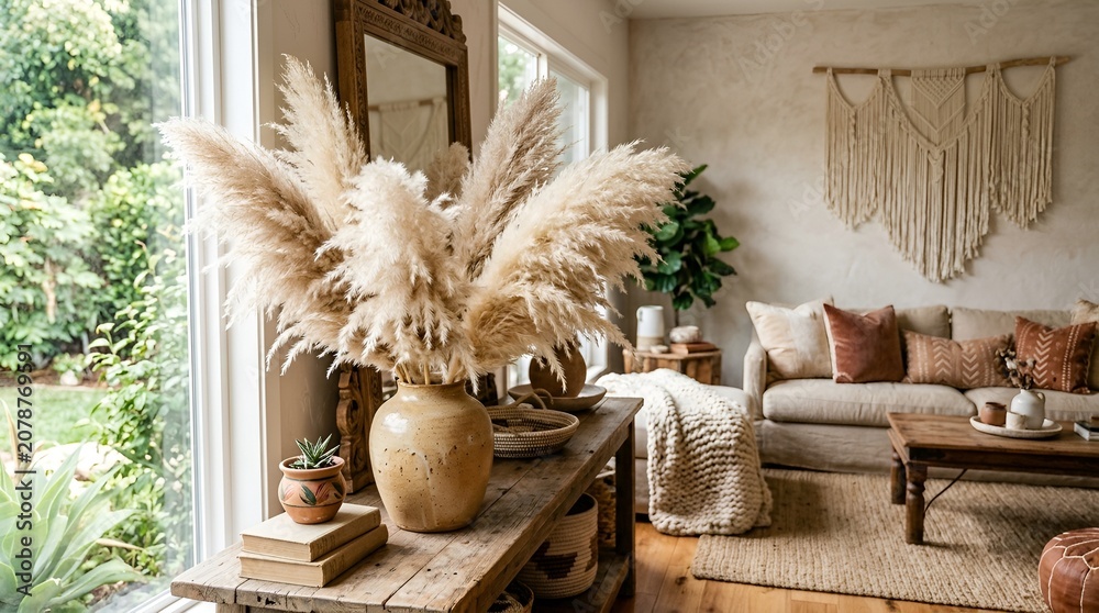 Obraz premium Bohemian living room decor with pampas grass, macrame, and natural textures