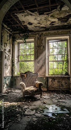 Abandoned Room with Overgrown Windows and Decay.