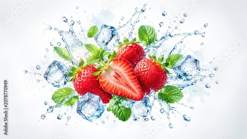 Fresh strawberry with mint leaf and ice cube in water splash. Ripe red berry with crystal clear liquid wave. Organic fruit, healthy nutrition, culinary ingredient and summer drink concept.