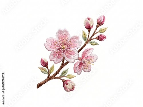 Detailed embroidery cherry blossom branch with pink sakura flowers and buds isolated on white background
