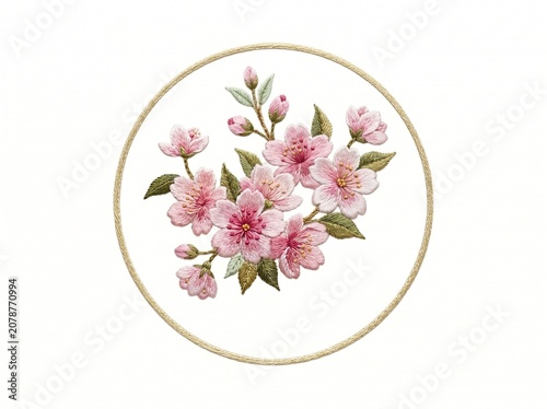 Elegant embroidery cherry blossom hoop art with pink sakura flowers bouquet isolated on white background
