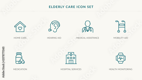 Set of seven flat elderly care service icons including home care, hearing aid, medical assistance, mobility aid, medication, hospital services and health monitoring . Vector Flat Illustration.