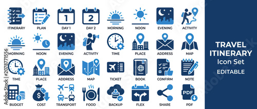 Obraz na plátně Travel itinerary and trip planning icon set for tourism management