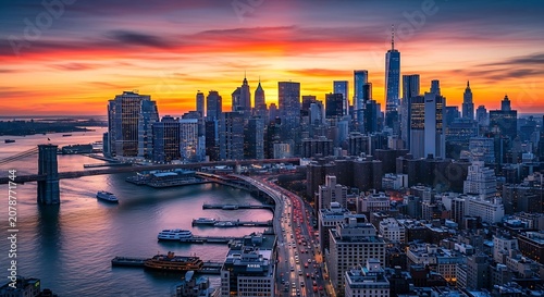 City Skyline at Sunset with Skyscrapers and River View.