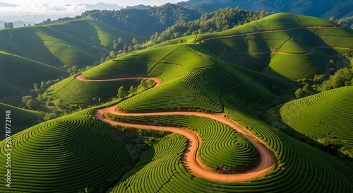 Scenic Green Hills with Winding Dirt Road in a Rural Landscape.