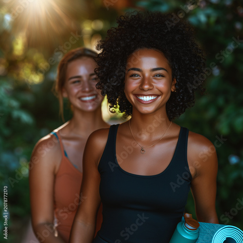 Sunlight filters through green trees behind two smiling women. One woman in front has curly hair and holds a yoga mat. Her friend smiles softly behind her, adding warmth to the scene