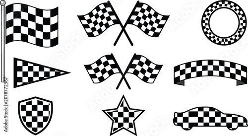 Checkered Racing Flag Icon Set with Shield, Star, Car and Banner Symbols for Motorsport, Speed, and Competition Designs