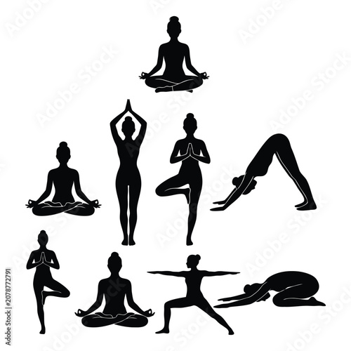 Yoga Poses Silhouette Vector Icon Set With Women Performing Meditation Tree Warrior Downward Dog And Childs Pose Isolated On White Background