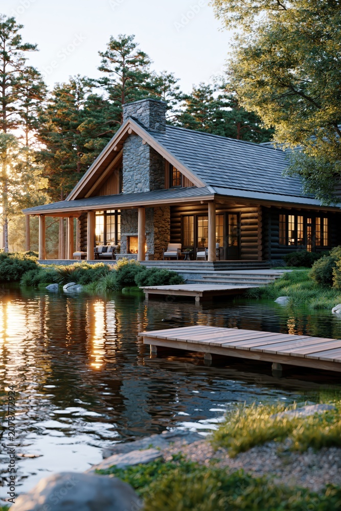 Fototapeta premium Luxury lake house on pristine water, reflecting golden light at sunset, offering tranquil retreat and rustic elegance