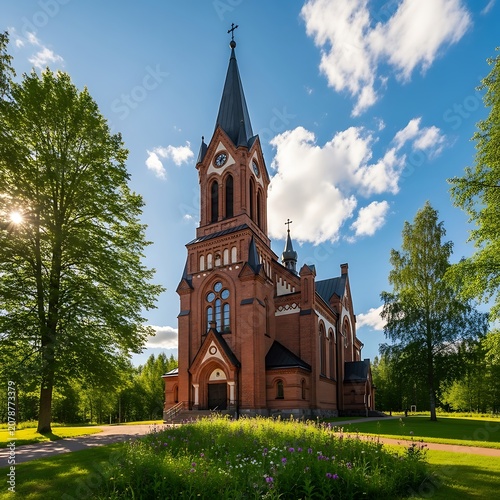 Historic Red Brick Church with Tall Steeple in Park.