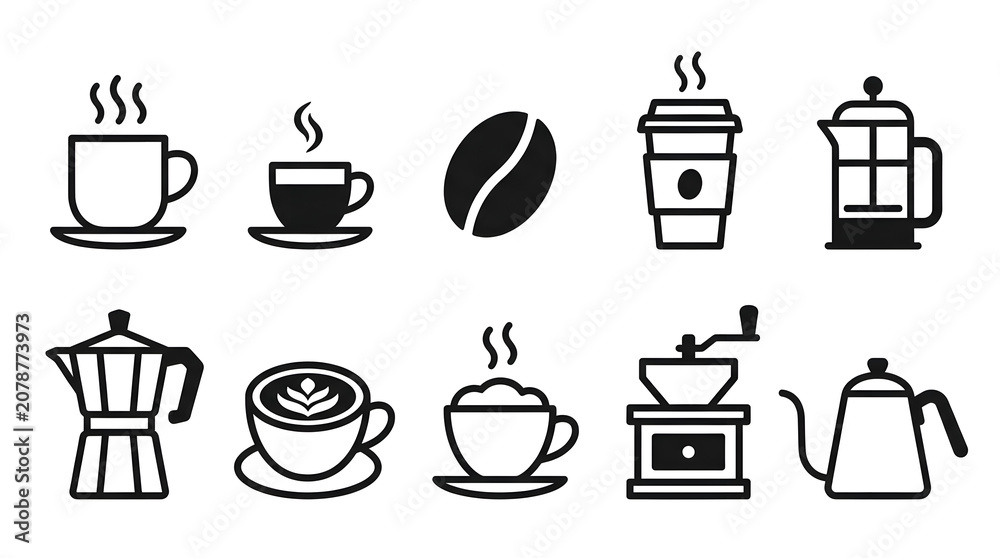 Obraz premium Espresso and coffee brewing equipment icons vector. Line art symbols for cafe menu, shop branding, and packaging.