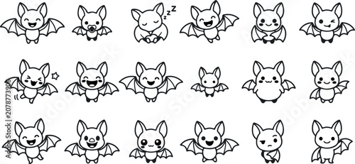 Collection of 15 cute cartoon bats in various poses and expressions