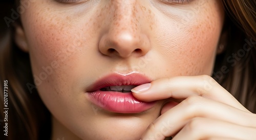 Close-up of a fair-skinned woman with freckles, touching her glossy, full lips