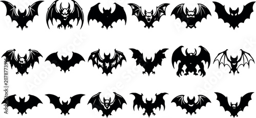 Collection of black bat silhouettes for halloween decor and design