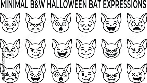 Minimalist black and white halloween bat facial expressions