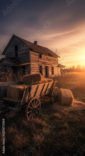 Rustic Old Barn and Wagon Scene at Sunset.