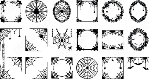 Halloween decorative frames and spiderweb designs collection black and white vector illustration for spooky season projects