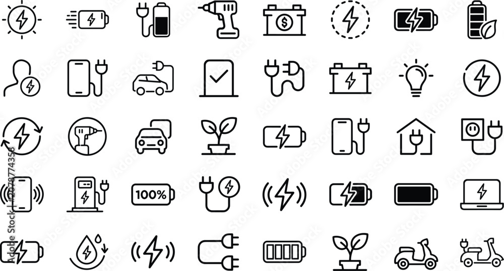 Fototapeta premium Battery Charging and Renewable Energy Line Icon Set featuring Electric Vehicle, Power Plug, Lightning Bolt, Solar Power, and Smart Tech Symbols