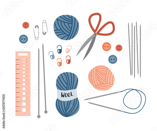 Knitting tools and equipment set – flat vector illustration of yarn, knitting needles, scissors, stitch markers and other DIY craft supplies.