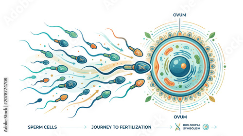 Tableau sur toile Human fertilization process with sperm cells swimming toward ovum