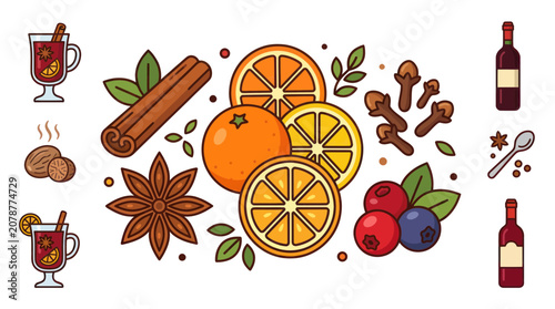 Cuadro en lienzo Mulled wine ingredients set with citrus and aromatic spices