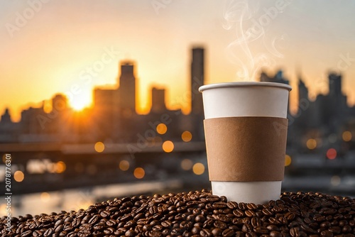 White Paper Coffee Cup Mockup with Kraft Sleeve and Steam on Roasted Beans, Blurred City Skyline at Sunset Golden Hour Background for Urban Branding and Hot Beverage Product Presentation.