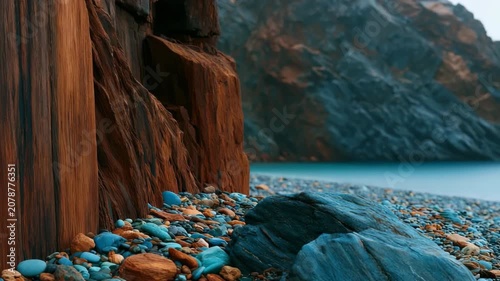 Pebble strewn shoreline with rocky cliff beside calm sea