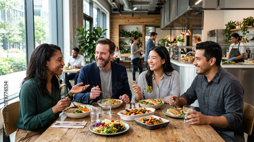 Diverse group of friends enjoying a healthy lunch together at a modern cafe