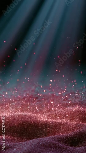 Red glitter particles scattering under blue spotlight on dark surface